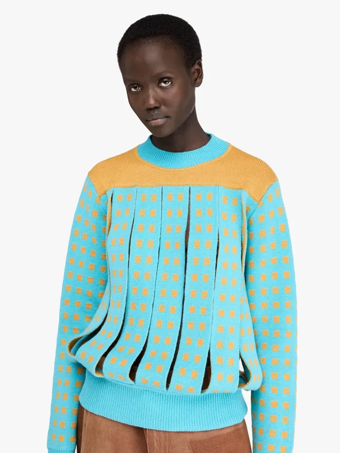 Women Knitwear JW Anderson JACQUARD PANEL SLIT SWEATER Turquoise Women Knitwear JW Anderson JACQUARD PANEL SLIT SWEATER Turquoise
