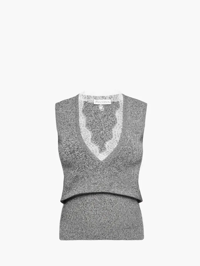 Women Knitwear JW Anderson VNECK LACE TRIM SWEATER Blackwhite