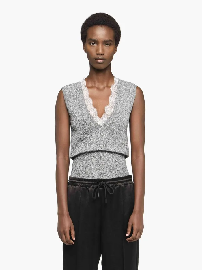 Women Knitwear JW Anderson VNECK LACE TRIM SWEATER Blackwhite