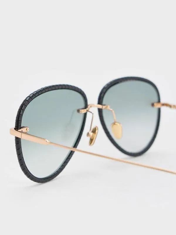 Women Leather BraidedRim Aviator Sunglasses 8211 Black CHARLES and KEITH Aviator