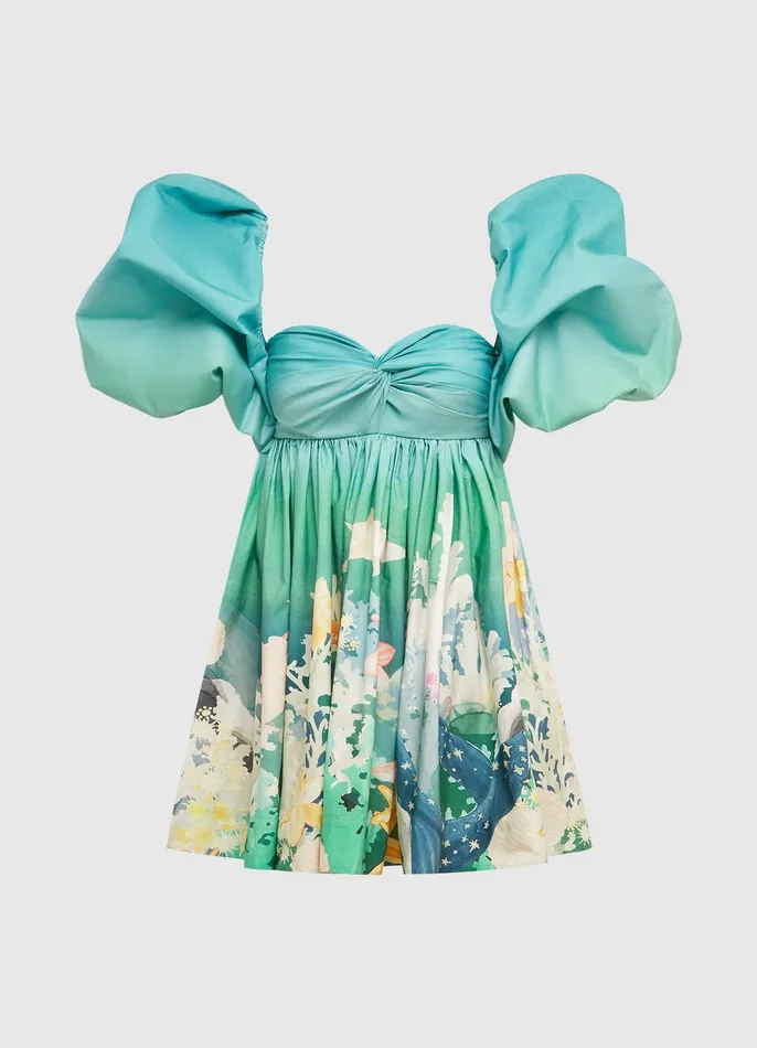 Women LEO LIN Eleanor Puff Sleeve Mini Dress 8211 Neptune Print in Seagrass Dresses and Jumpsuits
