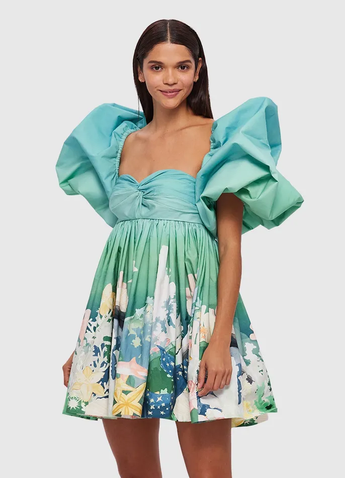 Women LEO LIN Eleanor Puff Sleeve Mini Dress 8211 Neptune Print in Seagrass Dresses and Jumpsuits