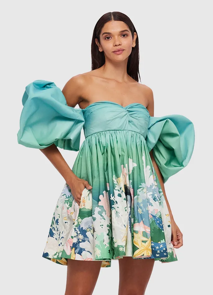Women LEO LIN Eleanor Puff Sleeve Mini Dress 8211 Neptune Print in Seagrass Dresses and Jumpsuits
