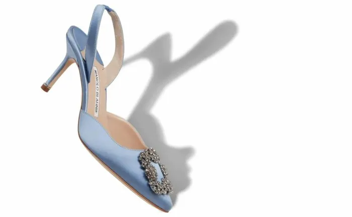 Women Light Blue Satin Jewel Buckle Slingback Pumps Manolo Blahnik Pumps