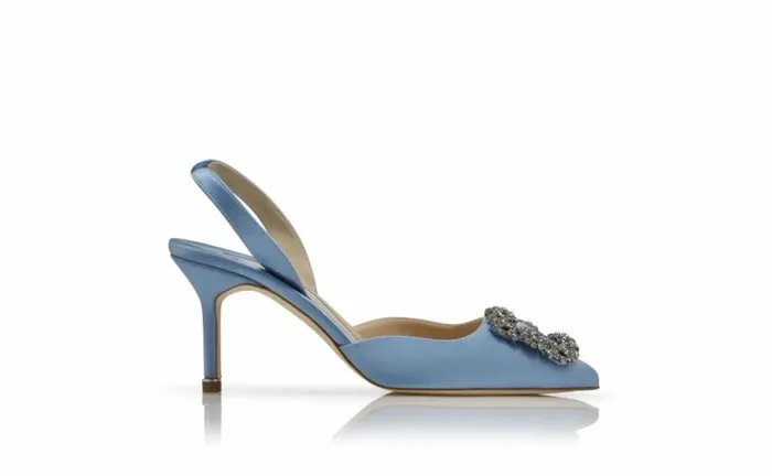 Women Light Blue Satin Jewel Buckle Slingback Pumps Manolo Blahnik Pumps