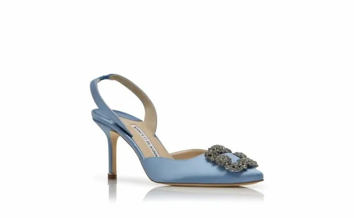 Women Light Blue Satin Jewel Buckle Slingback Pumps Manolo Blahnik Pumps