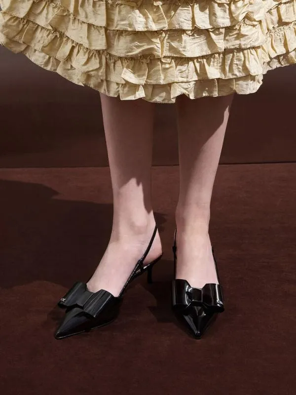 Women Lu Patent Leather Bow Slingback Pumps 8211 Black Patent CHARLES and KEITH Heels