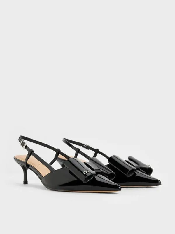 Women Lu Patent Leather Bow Slingback Pumps 8211 Black Patent CHARLES and KEITH Heels