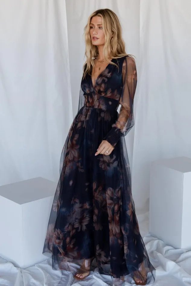 Women Maxi Dresses Baltic Born Layla Tulle Maxi Dress Dark Blue Floral