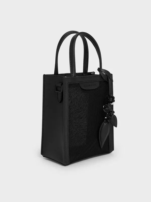 Women Mesh SequinFlower Elongated Tote Bag 8211 Jet Black CHARLES and KEITH Tote Bags