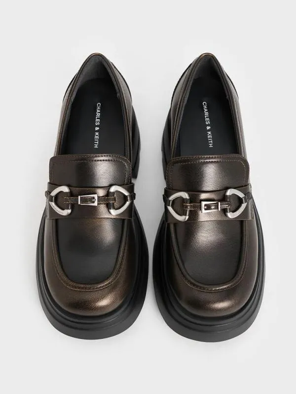 Women MetallicAccent Chunky Platform Loafers 8211 Bronze CHARLES and KEITH Flats