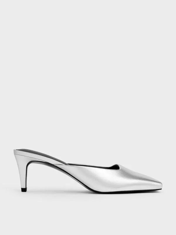 Women Metallic SquareToe BladeHeel Mules 8211 Silver CHARLES and KEITH Heels