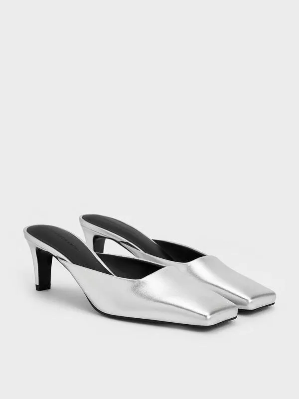 Women Metallic SquareToe BladeHeel Mules 8211 Silver CHARLES and KEITH Heels