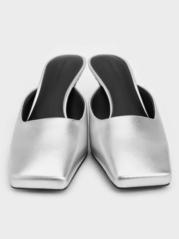 Women Metallic SquareToe BladeHeel Mules 8211 Silver CHARLES and KEITH Heels