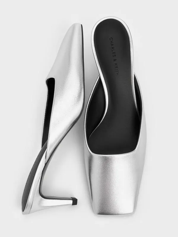 Women Metallic SquareToe BladeHeel Mules 8211 Silver CHARLES and KEITH Heels