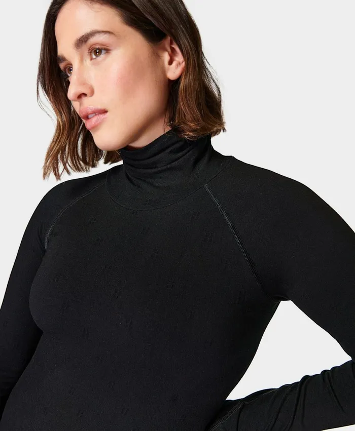 Women Modal Dot High Neck Jacquard Base Layer Top Black Sweaty Betty Long Sleeve Tops