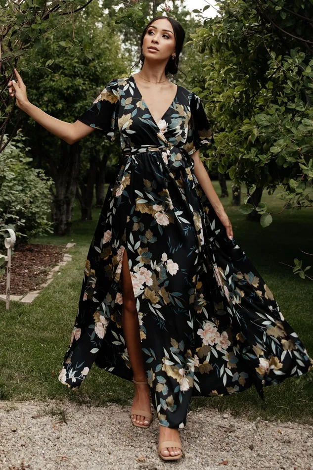 Women Mother Of The Bride Baltic Born Sicily Satin Maxi Dress Black Floral