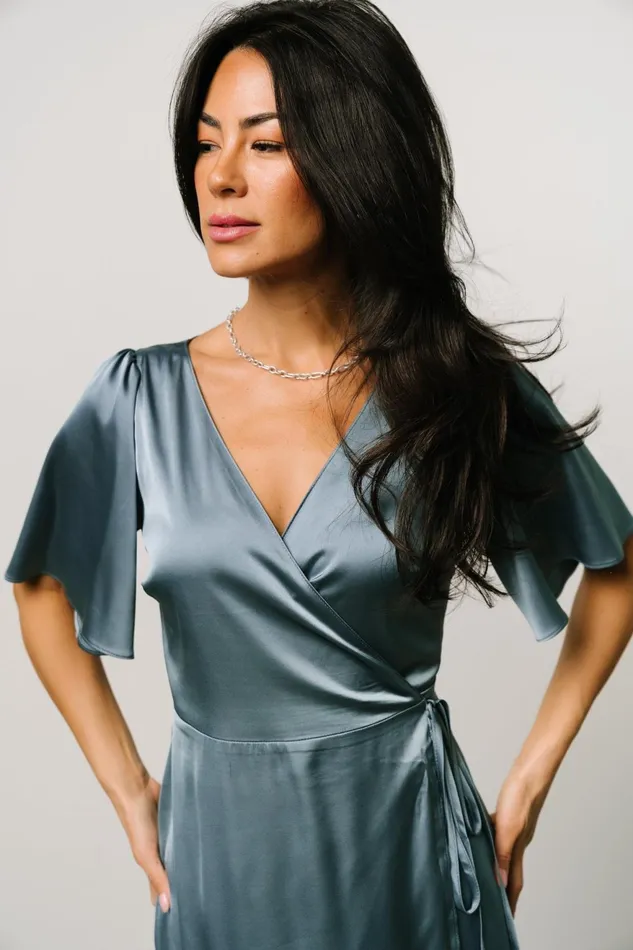 Women Mother Of The Bride Baltic Born Vara Satin Maxi Wrap Dress Dusty Blue