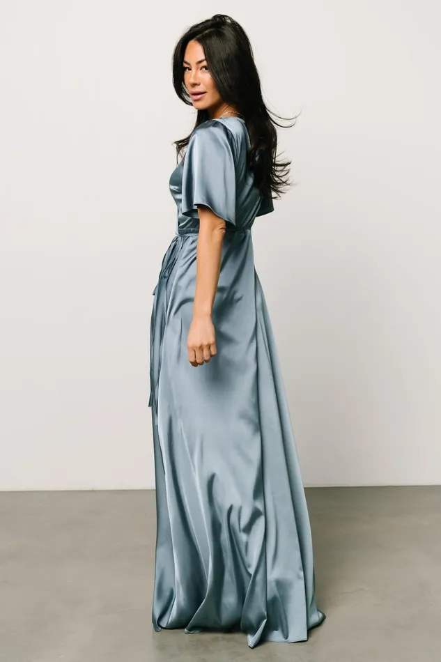 Women Mother Of The Bride Baltic Born Vara Satin Maxi Wrap Dress Dusty Blue