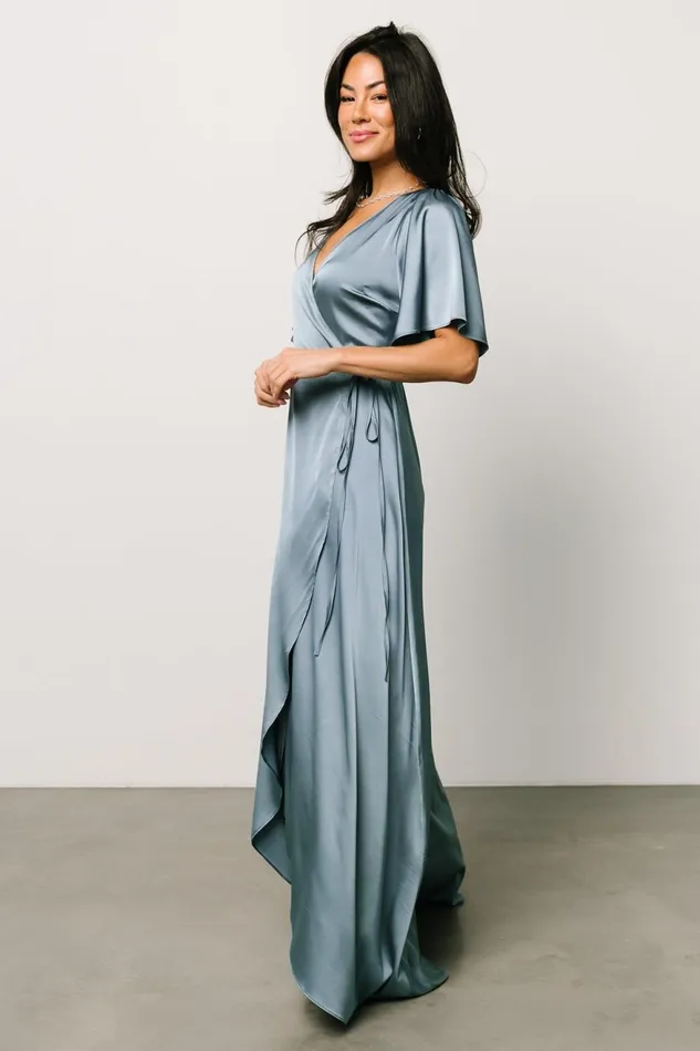 Women Mother Of The Bride Baltic Born Vara Satin Maxi Wrap Dress Dusty Blue