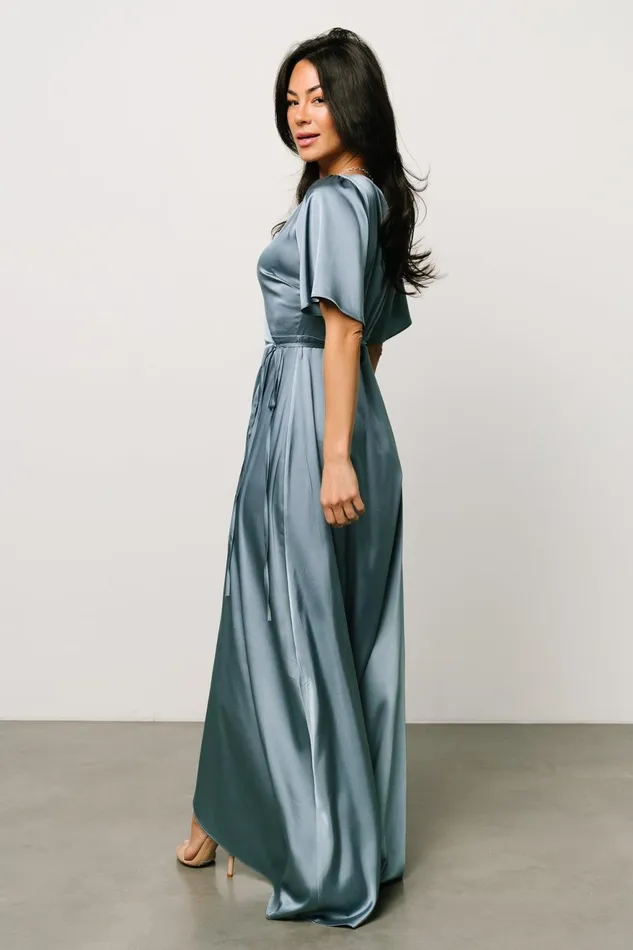 Women Mother Of The Bride Baltic Born Vara Satin Maxi Wrap Dress Dusty Blue