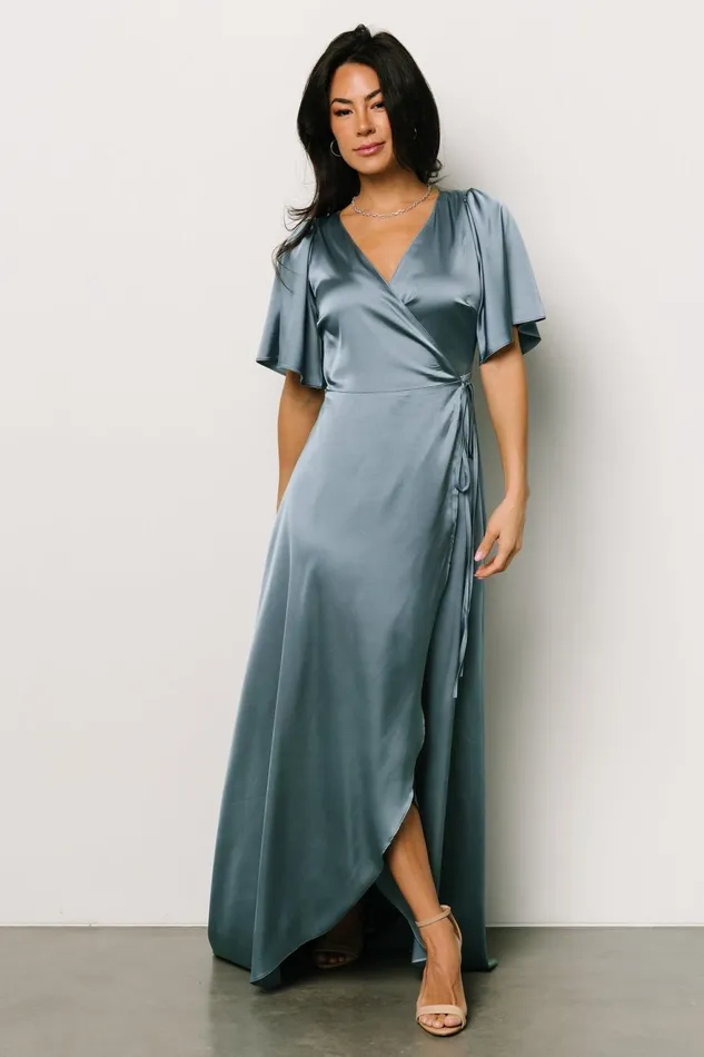 Women Mother Of The Bride Baltic Born Vara Satin Maxi Wrap Dress Dusty Blue