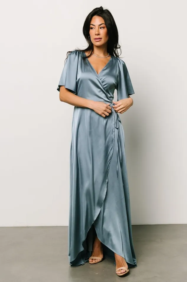 Women Mother Of The Bride Baltic Born Vara Satin Maxi Wrap Dress Dusty Blue