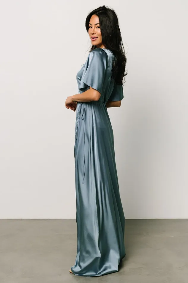 Women Mother Of The Bride Baltic Born Vara Satin Maxi Wrap Dress Dusty Blue