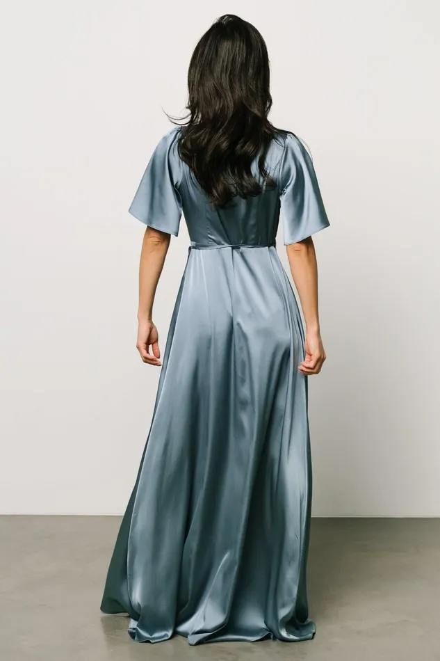 Women Mother Of The Bride Baltic Born Vara Satin Maxi Wrap Dress Dusty Blue
