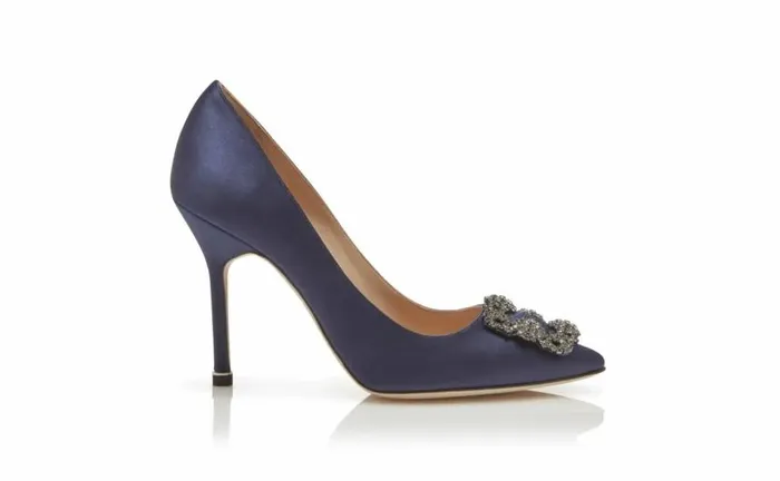 Women Navy Blue Satin Jewel Buckle Pumps Manolo Blahnik Pumps