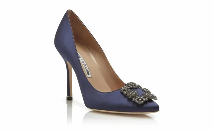 Women Navy Blue Satin Jewel Buckle Pumps Manolo Blahnik Pumps