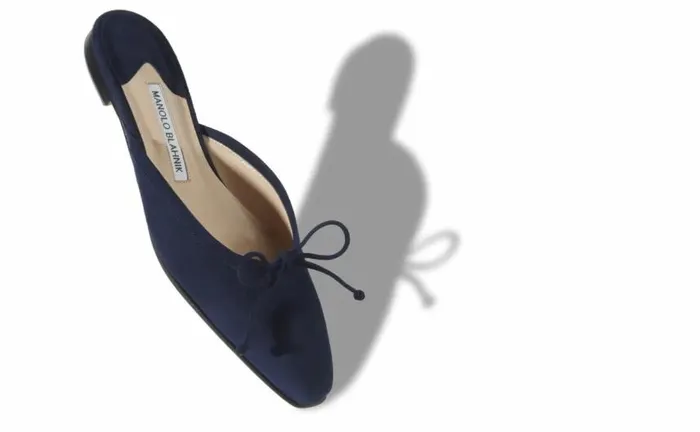 Women Navy Blue Suede Flat Mules Manolo Blahnik Flats