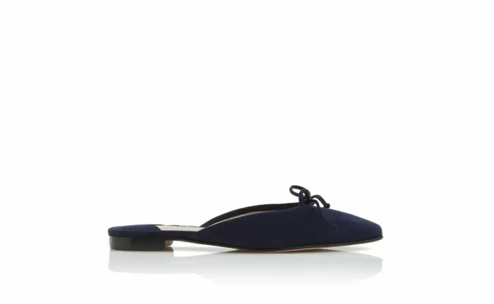 Women Navy Blue Suede Flat Mules Manolo Blahnik Flats