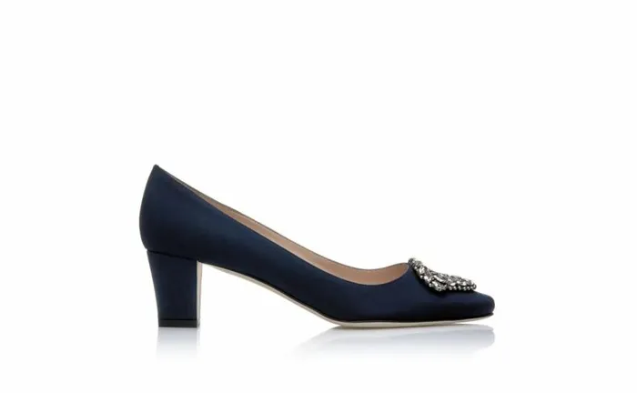 Women Navy Crpe De Chine Jewel Buckle Pumps Manolo Blahnik Pumps