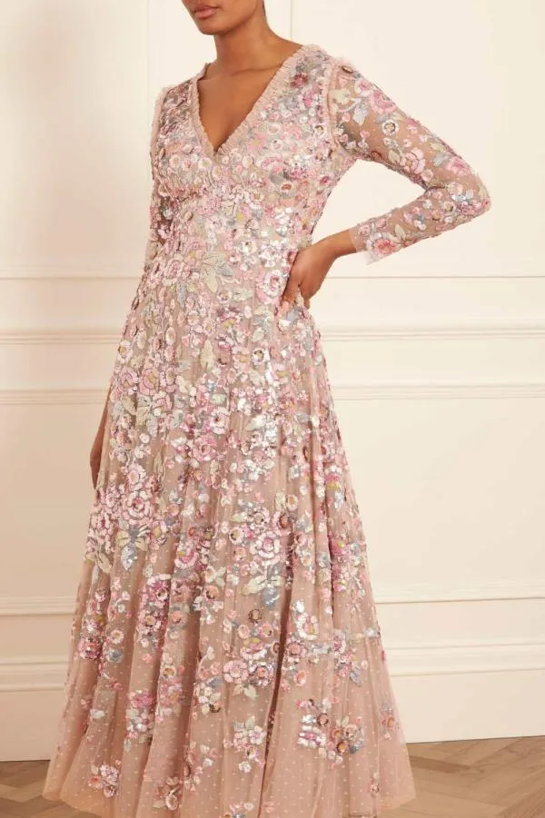 Women Needle and Thread Sequin Paradise Long Sleeve Gown Beige