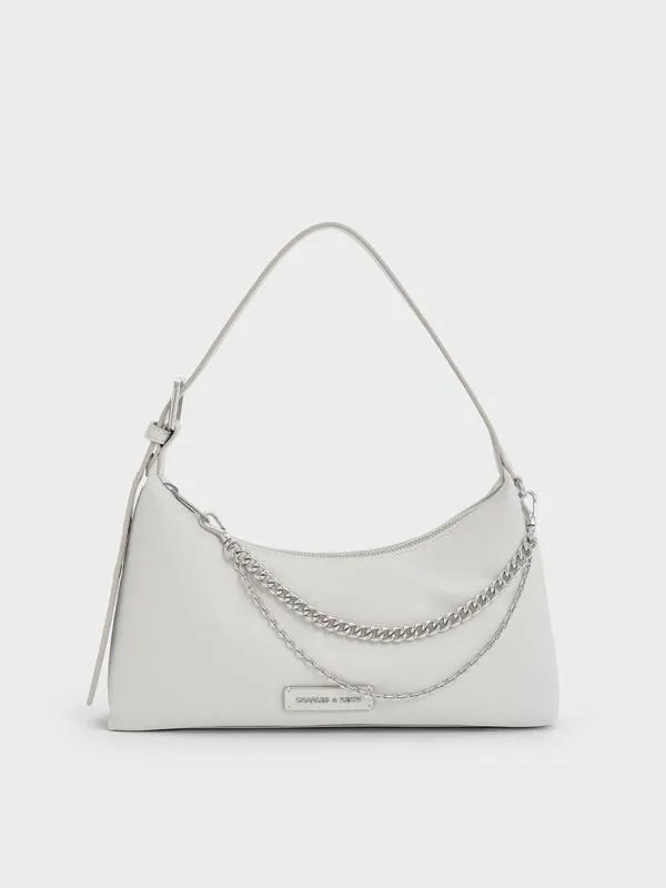 Women Nylon ChainLink Trapeze Shoulder Bag 8211 Light Grey CHARLES and KEITH Shoulder Bags