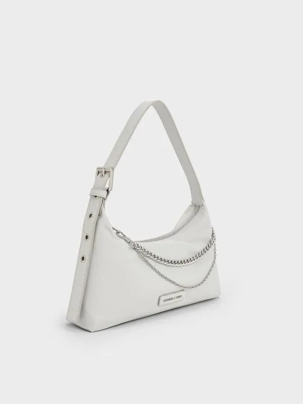 Women Nylon ChainLink Trapeze Shoulder Bag 8211 Light Grey CHARLES and KEITH Shoulder Bags
