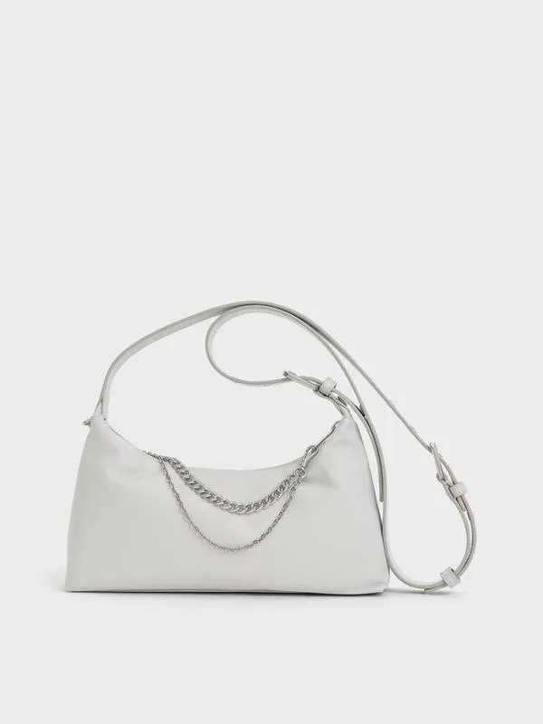 Women Nylon ChainLink Trapeze Shoulder Bag 8211 Light Grey CHARLES and KEITH Shoulder Bags