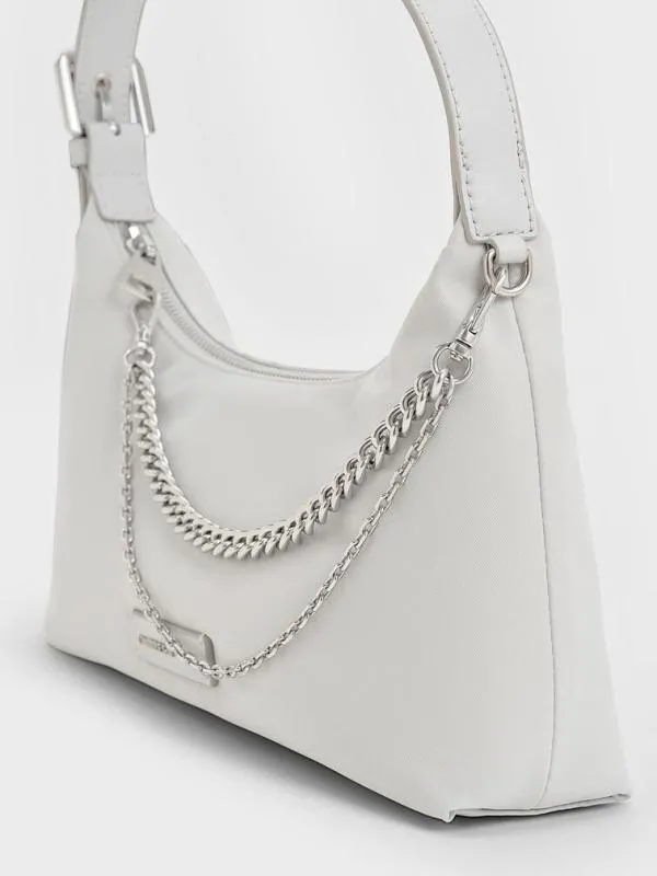 Women Nylon ChainLink Trapeze Shoulder Bag 8211 Light Grey CHARLES and KEITH Shoulder Bags