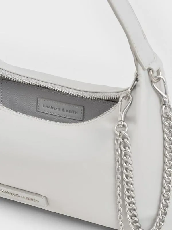 Women Nylon ChainLink Trapeze Shoulder Bag 8211 Light Grey CHARLES and KEITH Shoulder Bags
