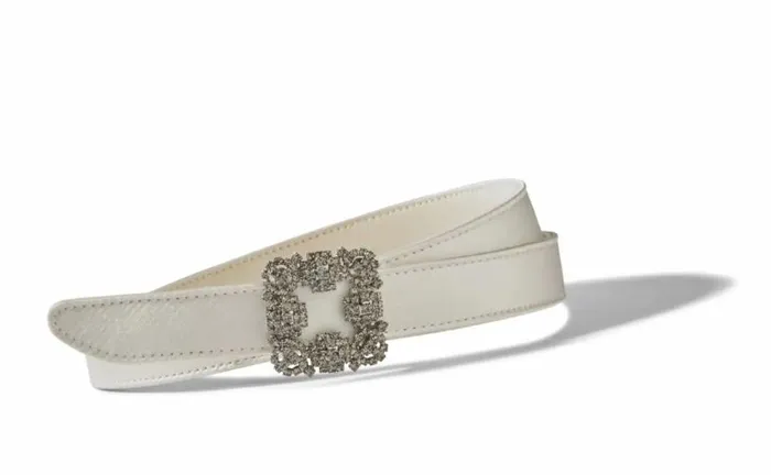 Women OffWhite Satin Crystal Buckled Belt Manolo Blahnik Belts
