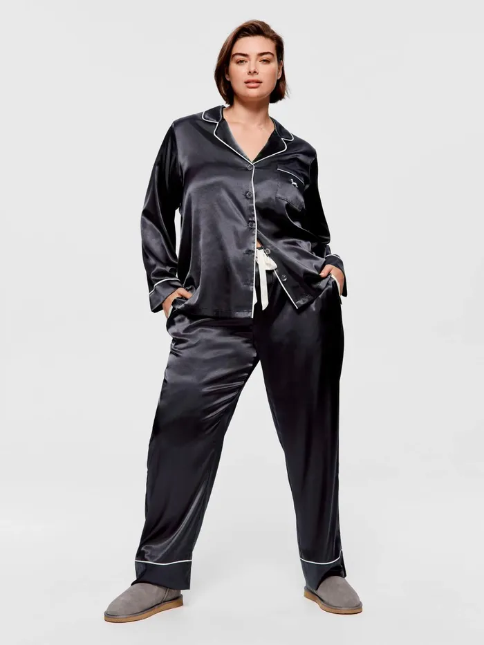 Women PA Plus Charcoal Chic Satin Long Sleeve Pj Set Charcoal Peter Alexander Online Only Styles