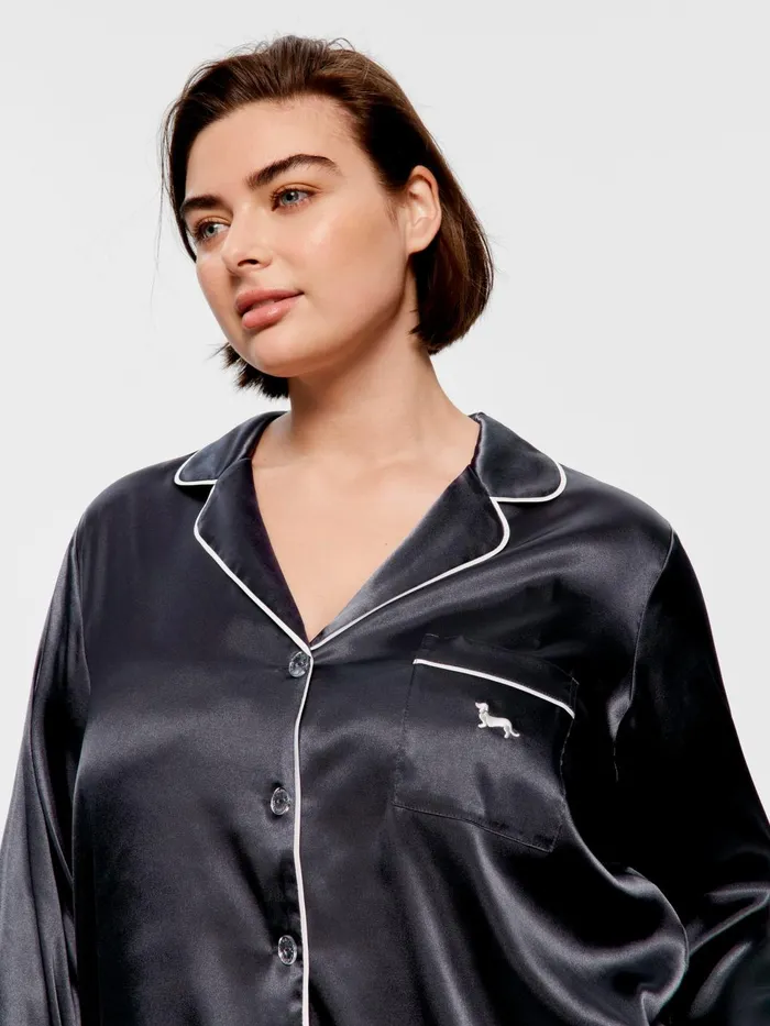 Women PA Plus Charcoal Chic Satin Long Sleeve Pj Set Charcoal Peter Alexander Online Only Styles