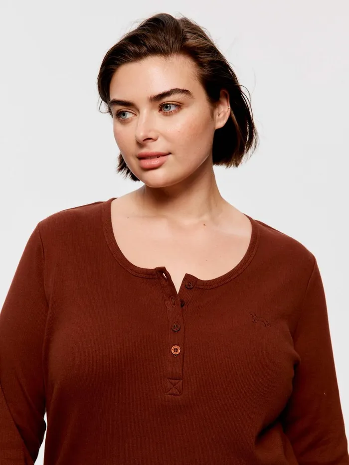 Women PA Plus Classic Rib Henley Brown Peter Alexander Classic Tops
