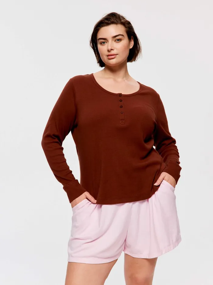 Women PA Plus Classic Rib Henley Brown Peter Alexander Classic Tops