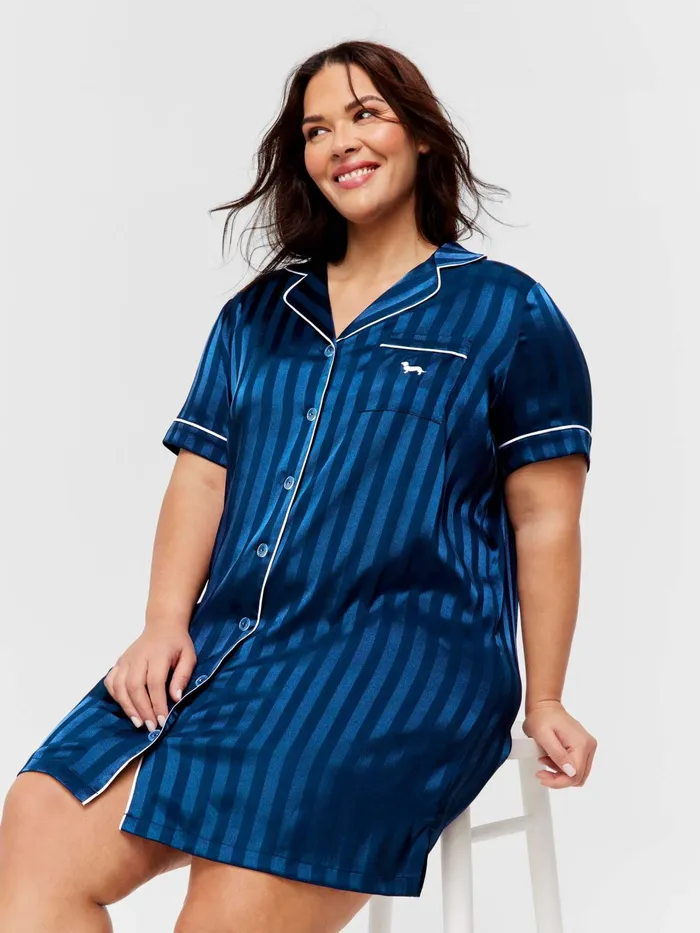 Women PA Plus Navy Stripe Short Sleeve Satin Nightshirt Navy Peter Alexander Nighties Women PA Plus Navy Stripe Short Sleeve Satin Nightshirt Navy Peter Alexander Nighties