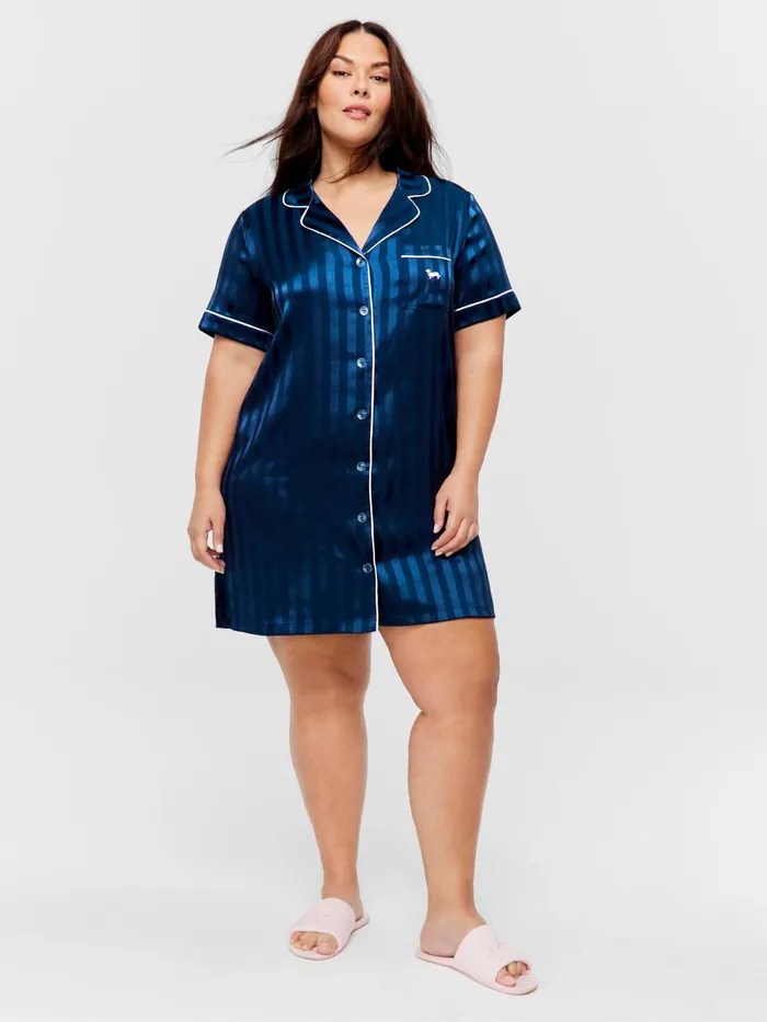 Women PA Plus Navy Stripe Short Sleeve Satin Nightshirt Navy Peter Alexander Nighties