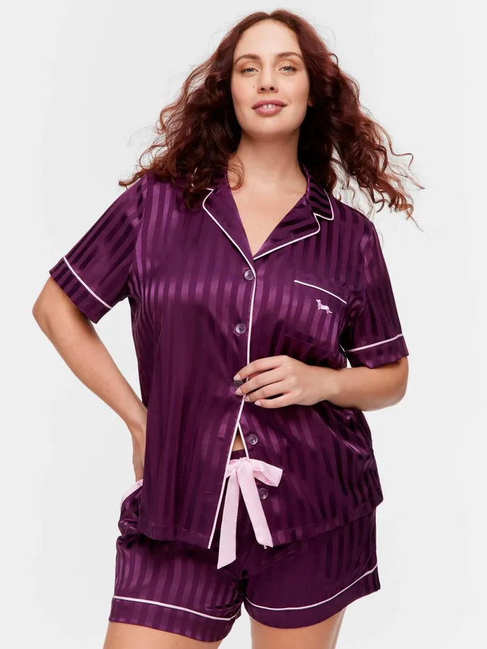 Women PA Plus Plum Stripe Chic Satin Shortie Pj Set Multi Peter Alexander Sets and Onesies Women PA Plus Plum Stripe Chic Satin Shortie Pj Set Multi Peter Alexander Sets and Onesies