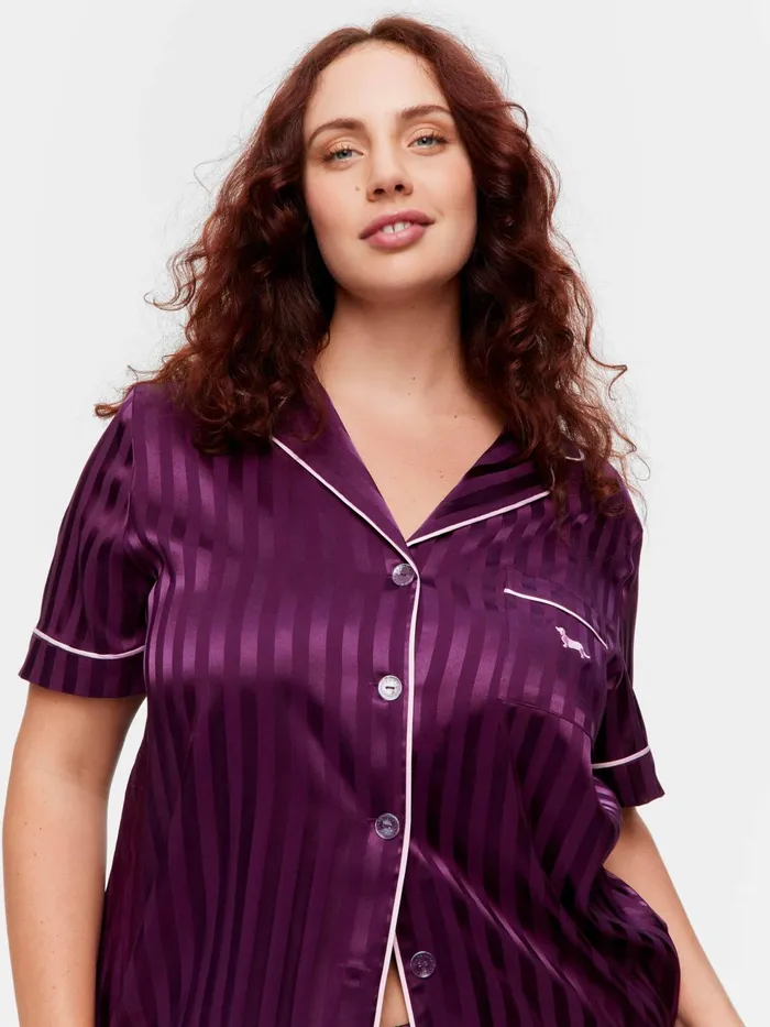 Women PA Plus Plum Stripe Chic Satin Shortie Pj Set Multi Peter Alexander Sets and Onesies