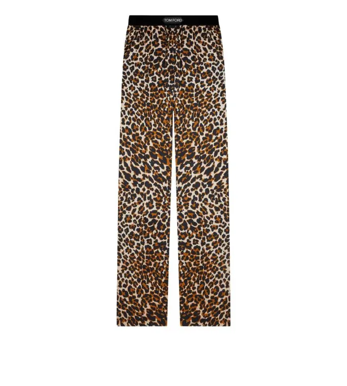 Women Pajamas and Robes Tom Ford Reflected Leopard Pattern Silk Satin Pj Pants Black Beige